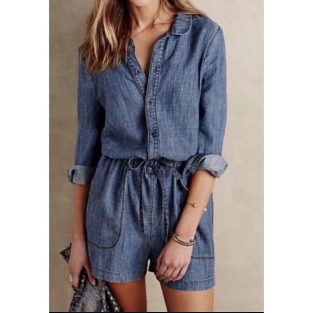 Anthropologie Level 99 L Denim Chambray Romper Shorts Linen Lyocell Cinch Tie